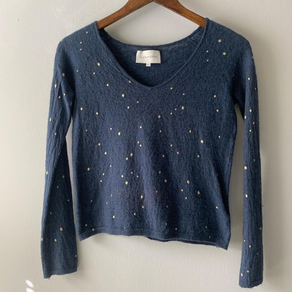 Sud Express Navy Blue and Gold Star V Neck Lightweight Knit Sweater Size M